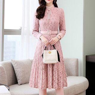 Lace Panel Long-sleeve Midi Pleated Dress