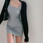 Square Neck Sleeveless Mini Bodycon Dress / Plain Cropped Cardigan