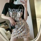 Set: Lettering Short-sleeve T-shirt + Sequined Mini A-line Pinafore Dress