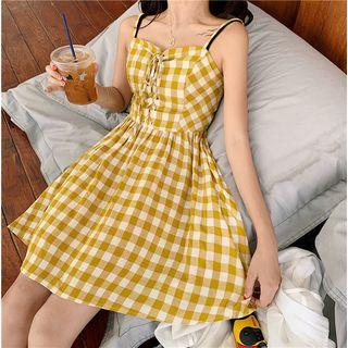 Spaghetti-strap Drawstring Plaid Dress Yellow - One Size