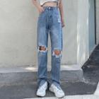 Cut Out Washed Straight Leg Jeans