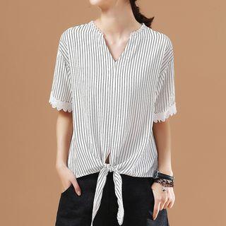 Short-sleeve Notch Neck Stripe Tie-waist Blouse