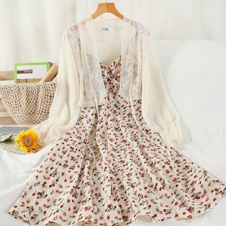Set: Spaghetti Strap Floral Print Midi A-line Dress + Chiffon Jacket