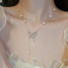 Butterfly Rhinestone Freshwater Pearl Necklace Gold - One Size