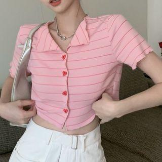 Short-sleeve Button-up Collared Knit Top