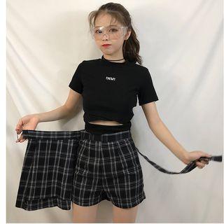 Embroidered Short-sleeve Crop T-shirt / Plaid Skort