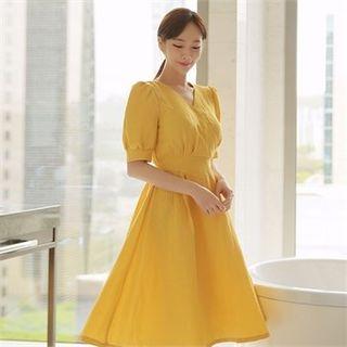 Puff-sleeve Tie-waist Linen Blend Dress