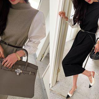 Contrast-panel Rib-knit Long Dress With Belt