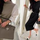 Contrast-panel Rib-knit Long Dress With Belt