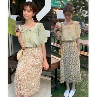 Elbow-sleeve Buttoned Top / Floral A-line Midi Skirt