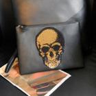 Sequined Skull Print Faux Leather Clutch