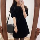 Short-sleeve Plain A-line Dress Black - One Size