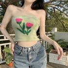 Flower Embroidered Knit Tube Top Green - One Size