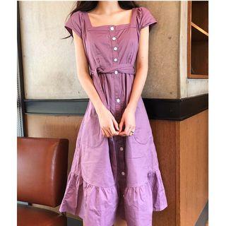 Buttoned Short Sleeve Midi Dress