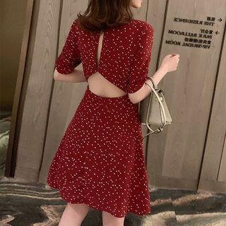 Short-sleeve Open Back Polka Dot Chiffon Dress