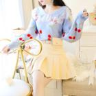Set: Lace-panel Print Knit Top + Plain A-line Skirt