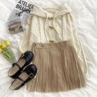 Long-sleeve Toggle Cable Knit Hooded Cardigan / High-waist Plain A-line Pleated Mini Skirt