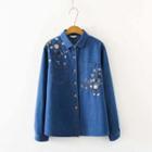 Flower Embroidered Denim Shirt Blue - One Size