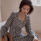 Long-sleeve Square-neck Plaid Midi A-line Dress