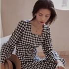 Long-sleeve Square-neck Plaid Midi A-line Dress