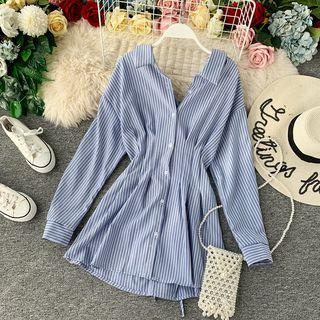 Long-sleeve Striped A-line Mini Shirt Dress Blue - One Size