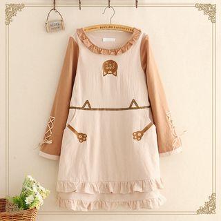 Cat Embroidered Lace-up Detail A-line Dress As Shown In Figure - One Size