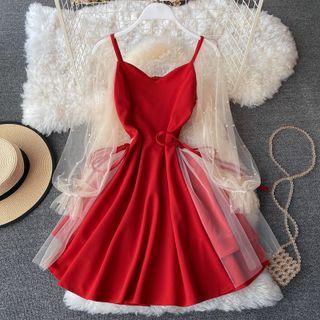 Mesh Sleeve Faux Pearl A-line Dress