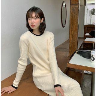 Contrast-trim Ribbed-knit Midi Dress