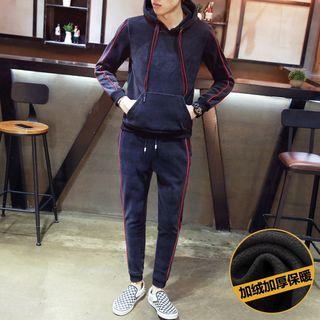 Set: Contrast-trim Fleece-lining Pullover + Sweatpants