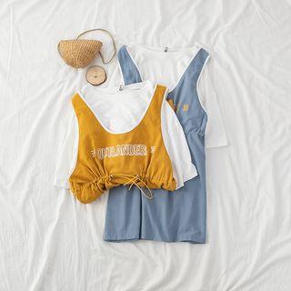 Drawstring Waist Lettering Mock Two Piece Top