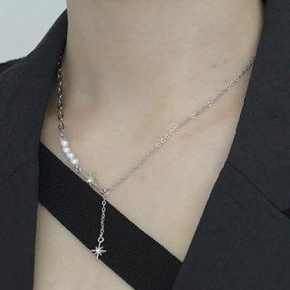 Star Pendant Faux Pearl Stainless Steel Necklace 1pc - Xl100 - Silver & White - One Size