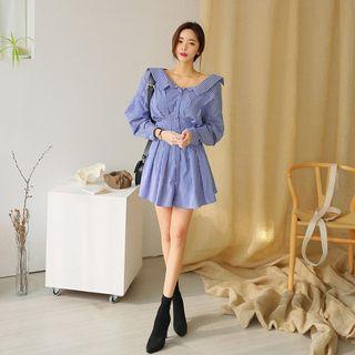 Lace-up Back Pintuck-waist Mini Shirtdress