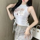 Dog Print Lace Up Tank Top / Hooded Zip Jacket / Drawstring Midi Pencil Skirt