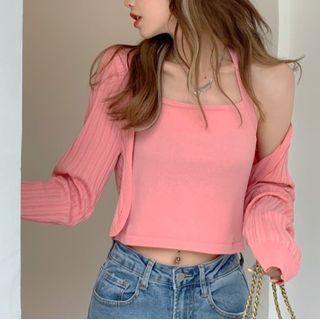Set: Plain Cardigan + Cropped Halter Top
