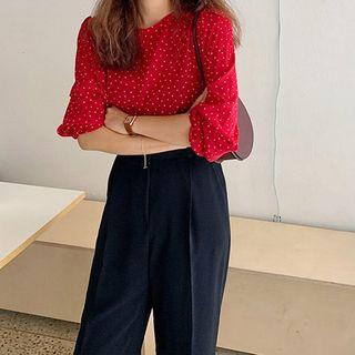 Dotted Elbow-sleeve Blouse / High-waist Wide-leg Pants