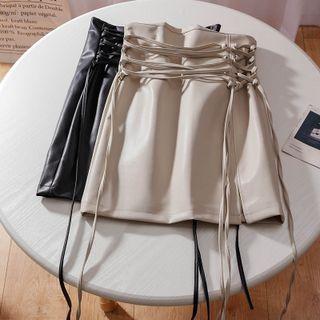 High-waist Lace-up Faux Leather Mini Pencil Skirt
