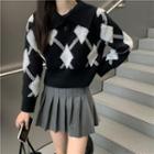 Lapel Argyle Cropped Sweater Black - One Size
