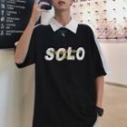 Lettering Striped Elbow-sleeve Polo Shirt