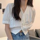 Short-sleeve V-neck Knotted Blouse