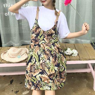 Set: Elbow-sleeve T-shirt + Printed Pinafore Dress