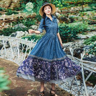 3/4-sleeve Floral Paneled Denim A-line Midi Dress