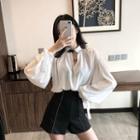 Belt-neckline Loose-fit Shirt / High-waist Shorts