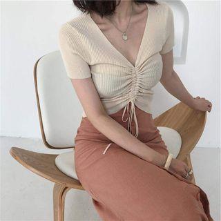 Short-sleeve Drawstring Front Cropped Knit Top