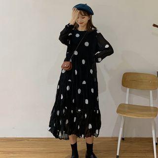 Long-sleeve Dotted Midi A-line Dress Midi Dress - White Polka Dot - Black - One Size