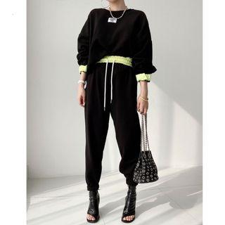 Set : Lettering Applique   Sweatshirt + High-waist Drawstring Gathered Cuff Pants