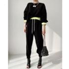 Set : Lettering Applique   Sweatshirt + High-waist Drawstring Gathered Cuff Pants