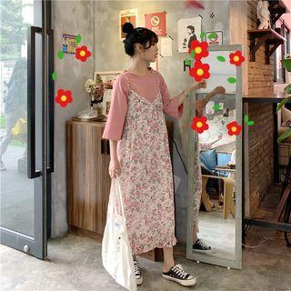 3/4-sleeve T-shirt / Floral Spaghetti Strap Dress
