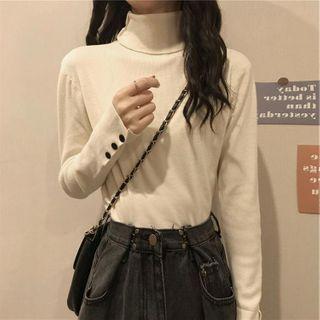 Long-sleeve Mock-neck Plain Button-up Top