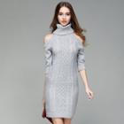 Turtleneck Cold Shoulder Elbow-sleeve Knit Dress