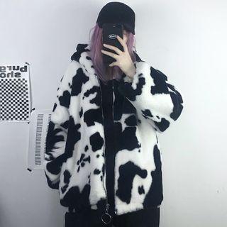 Cow Print Hooded Zip Jacket Milky White - One Size